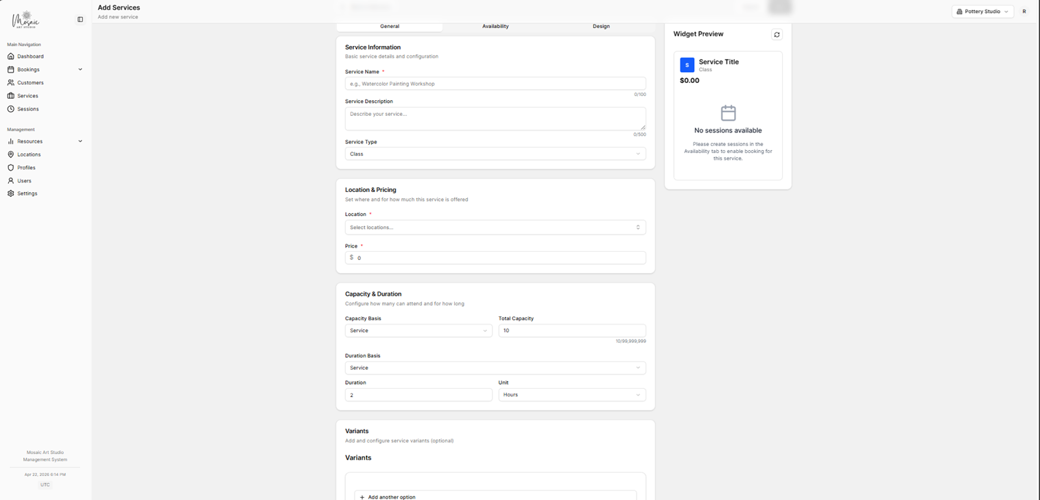 Service creation form - general tab with name, title, and description